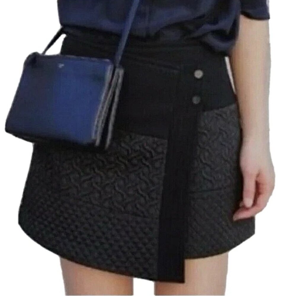 Cabi Asymmetrical Wrap Skirt Medium Black Mini Textured Buttons Short Swathe - Picture 3 of 10